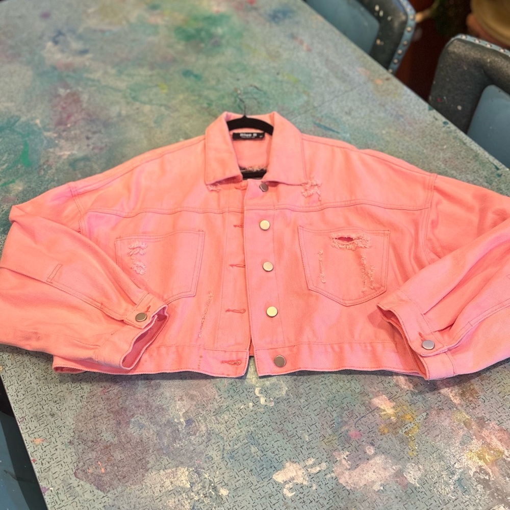 Pink Diamond Fringe Distressed Denim Jacket - Picture 5 of 16
